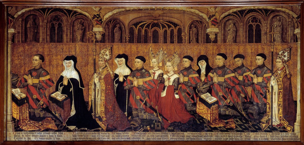 La Famille Jouvenel des Ursins O magistrado, prefeito Jean Jouvenel des Ursins ou Jean Juvenal des Ursins (1360-1431), representa com os seus familiares em oração. Pintura em madeira da Escola Francesa. 1443-1449. Sol 1,3x3,5 m Paris, museu nacional de t de French School
