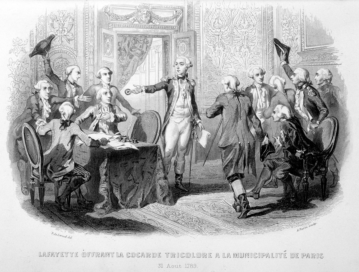 La Fayette (Lafayette) oferece o Cocard Tricolore ao Município de Paris (31 de Agosto de 1789) - em "Fastes de Gardes nationales de France". de French School