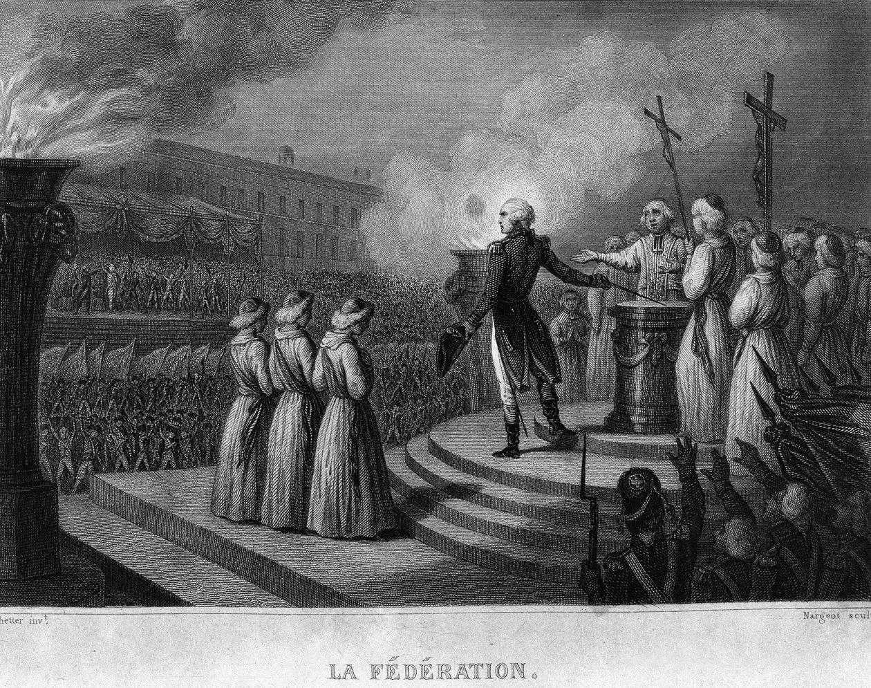 La Fédération (14 de julho de 1790), aniversário da tomada da Bastilha: juramento à Constituição - em "Revolução Francesa" de Thiers. Século XIX de French School