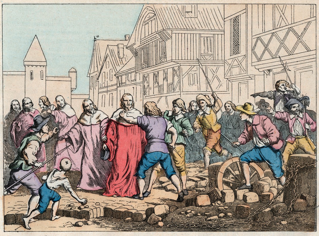 La Fronde (27 de Agosto de 1648) - Barricadas em Paris: um menino rotor ameaçando o Presidente do Parlamento, Mathieu Mole (1584-1656) - Presidente Mole manipulado por insurgentes - Gravura do final do século XIX em "Nos Gires Nationales - Images et reci de French School