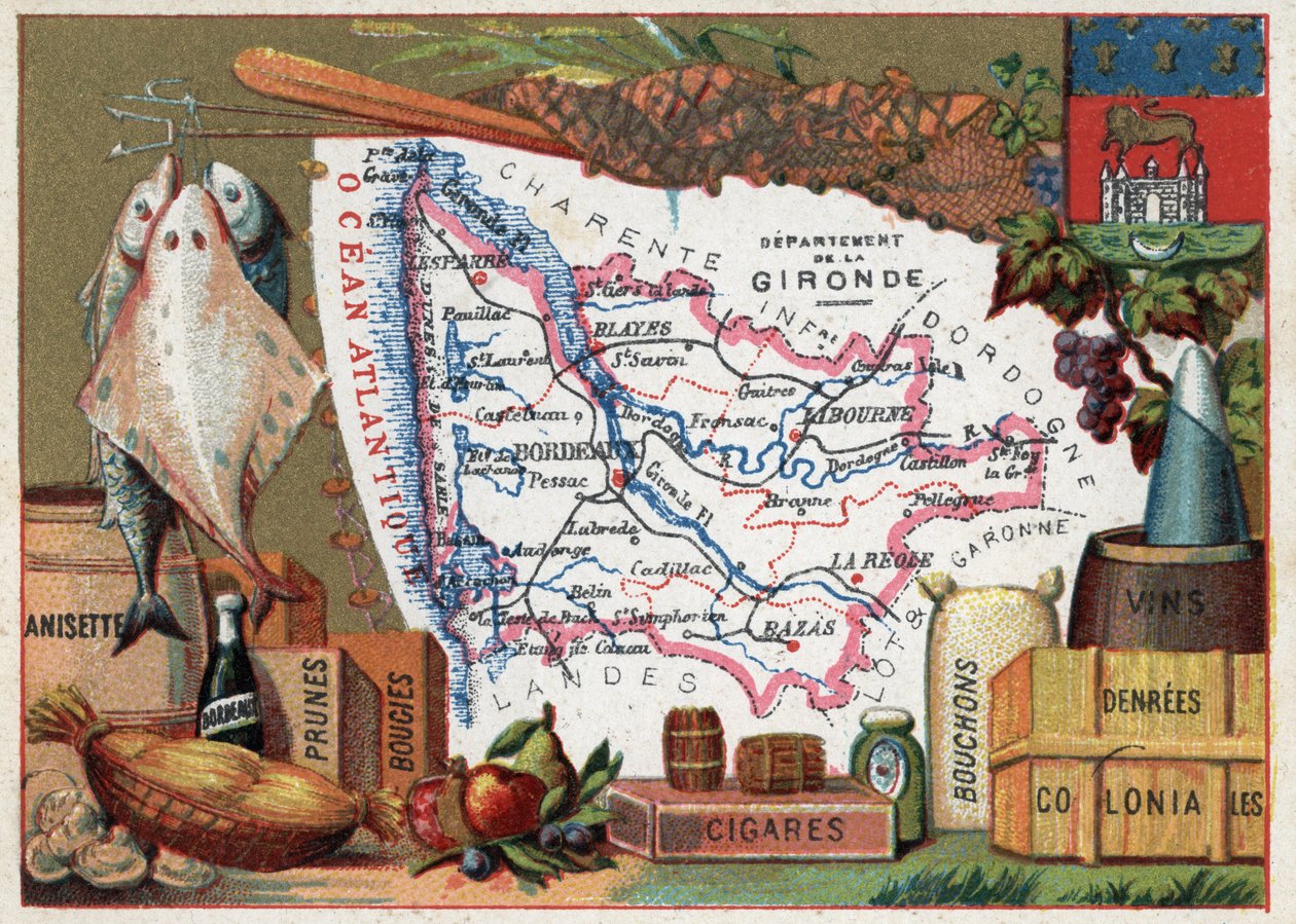 La Gironde (33), Aquitânia, França. Especialidade local: peixe, anisette, vinho de Bordeaux, ameixas, velas, charutos, rolhas e comida colonial. Série sobre os Departamentos franceses. Chromolitografia (Chromo) "o fio geográfico", cerca de 1920. Colecção p de French School