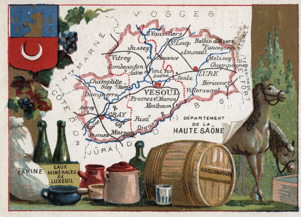 La Haute-Saone (Haute Saone, 70), Franche Comte (Franche-Comte), França. Farinha, Luxeuil Minerales, kirschwasser (kirsch). Série sobre os Departamentos franceses. Cromolitografia (Chromo) "o fio geográfico", cerca de 1920. Colecção privada. de French School