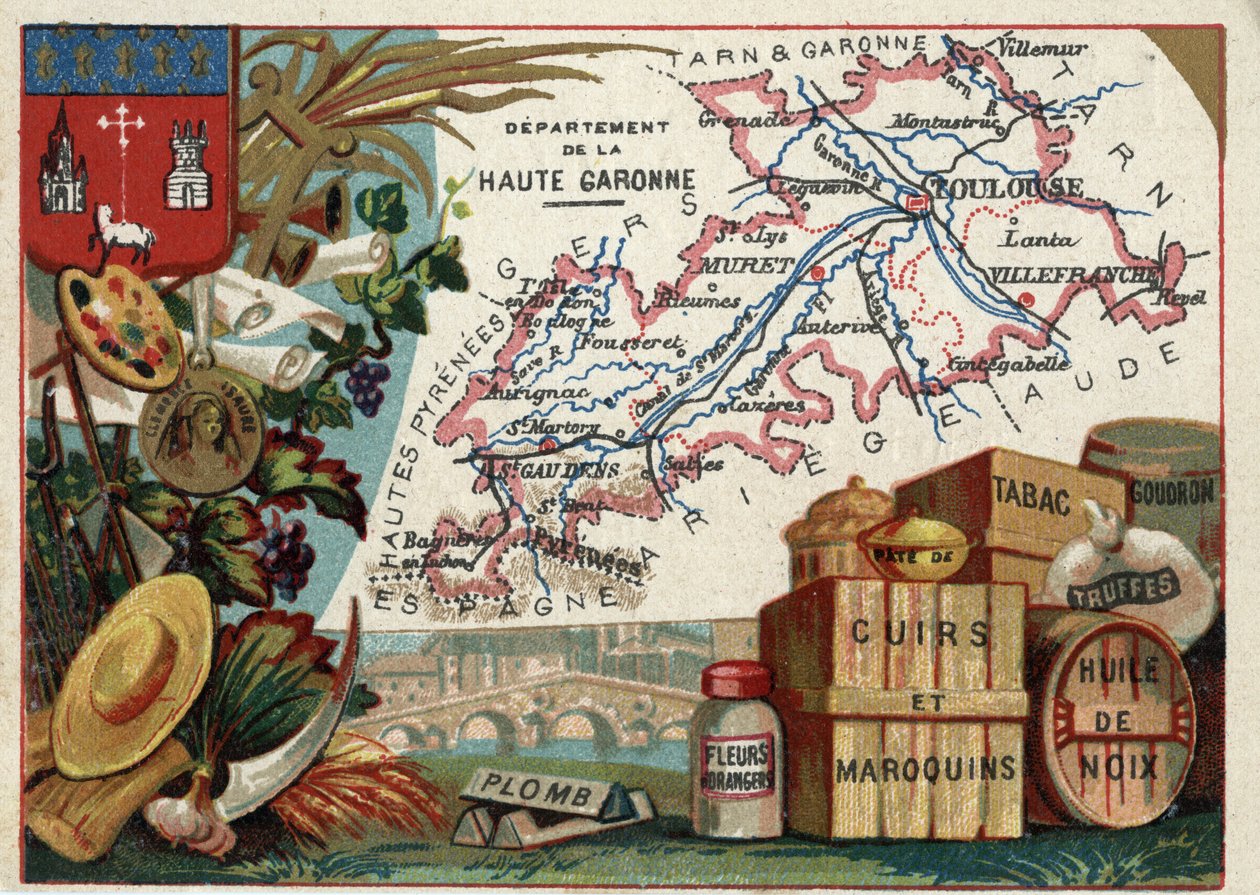 La Haute Garonne (Haute-Garonne, 31), Midi-Pyrenees (Midi Pyrenees), França. Especialidade local: chumbo, flores de laranjeira, pasta, couro e artigos de couro, tabaco, óleo de nozes, alcatrão e trufas. Série sobre os Departamentos franceses. Cromolitograf de French School