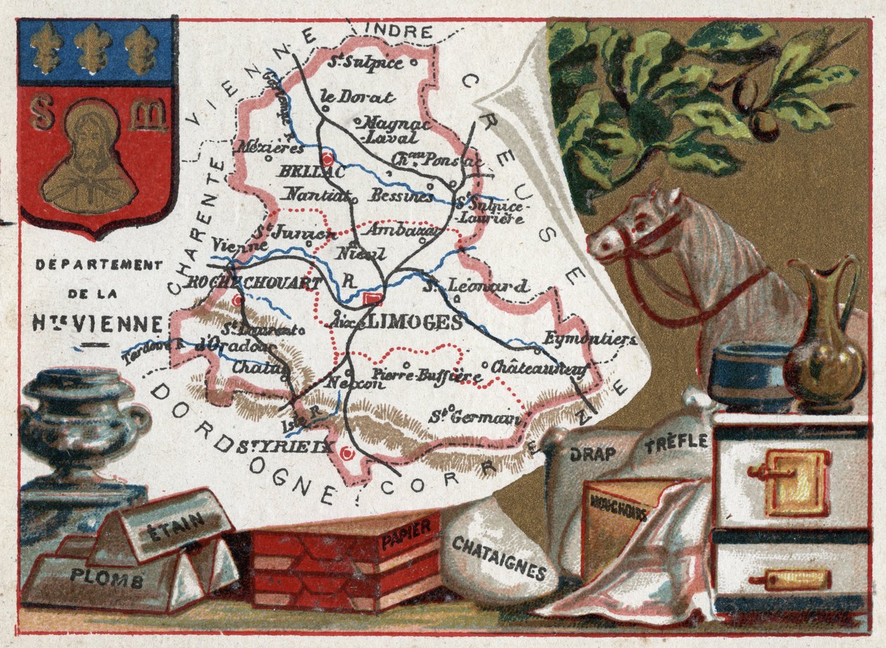 La Haute Vienne (Haute-Vienne, 87), Limousin, França. Lata, chumbo, papel de castanheiro, folha, trevo e lenços. Série sobre os Departamentos franceses. Cromolitografia (Chromo) "o fio geográfico", cerca de 1920. Colecção privada. de French School