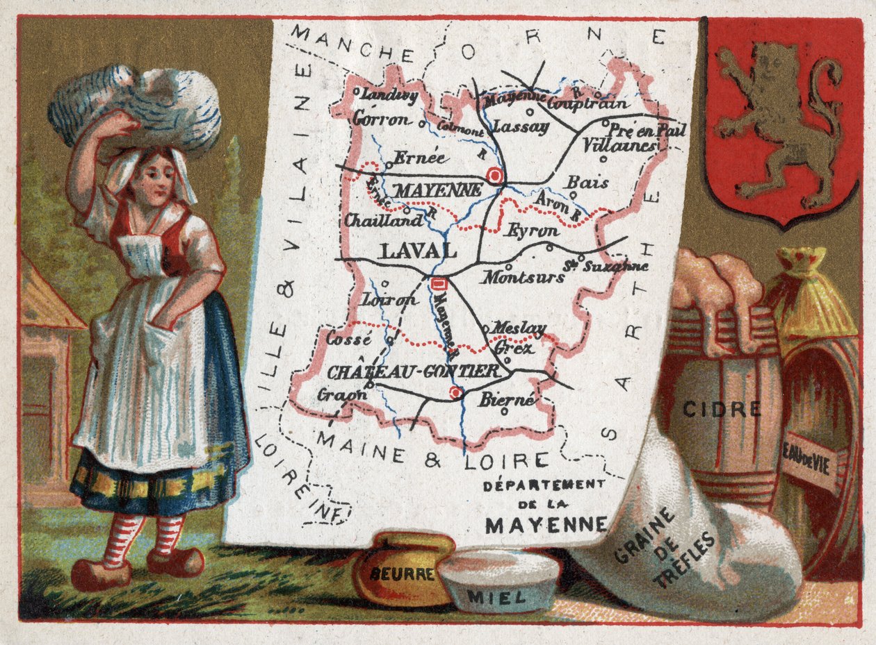La Mayenne (53), Pays de la Loire, França. Camponês, manteiga, mel, sementes de treffle, cidra e brandy. Série sobre os Departamentos franceses. Chromolitografia (Chromo) "o fio geográfico", cerca de 1920. Colecção privada. de French School