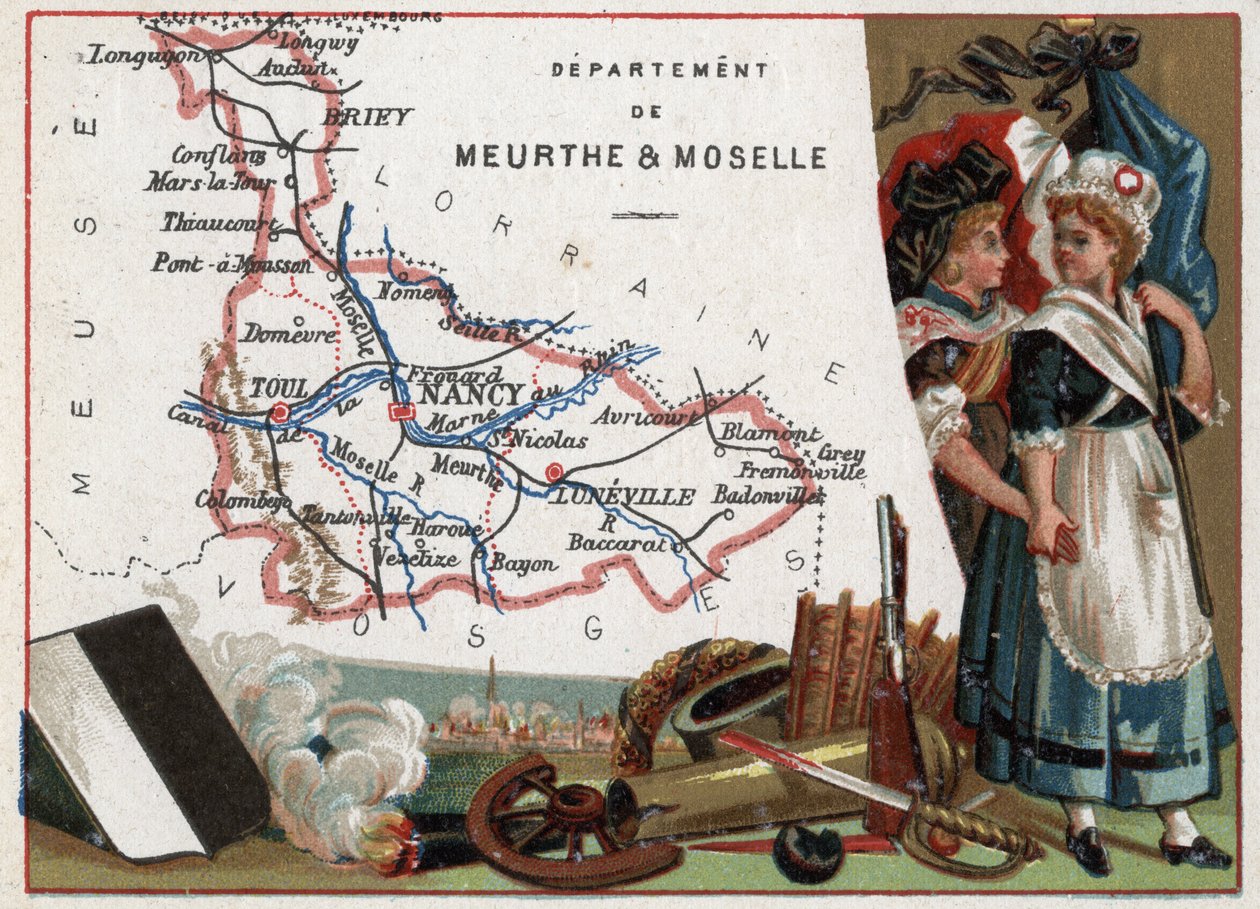 La Meurthe et Moselle (Meurthe-Et-Moselle, 54), Lorraine, França. Retrato de duas mulheres revolucionárias. Série sobre os Departamentos franceses. Chromolitografia (Chromo) "o fio geográfico", cerca de 1920. Colecção privada. de French School