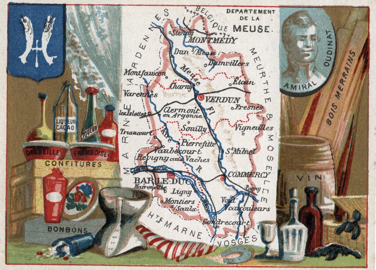 La Meuse (55), Lorraine, França. Retrato do Almirante Oudinat (um pouco Nicolas Charles Marie Oudinot, Duque de Reggio 1767-1847), Marechal do Império. Especialidade local: groselha e licor de Frambois, doces, vinho e bosques de merrains. Série sobre o Dep de French School