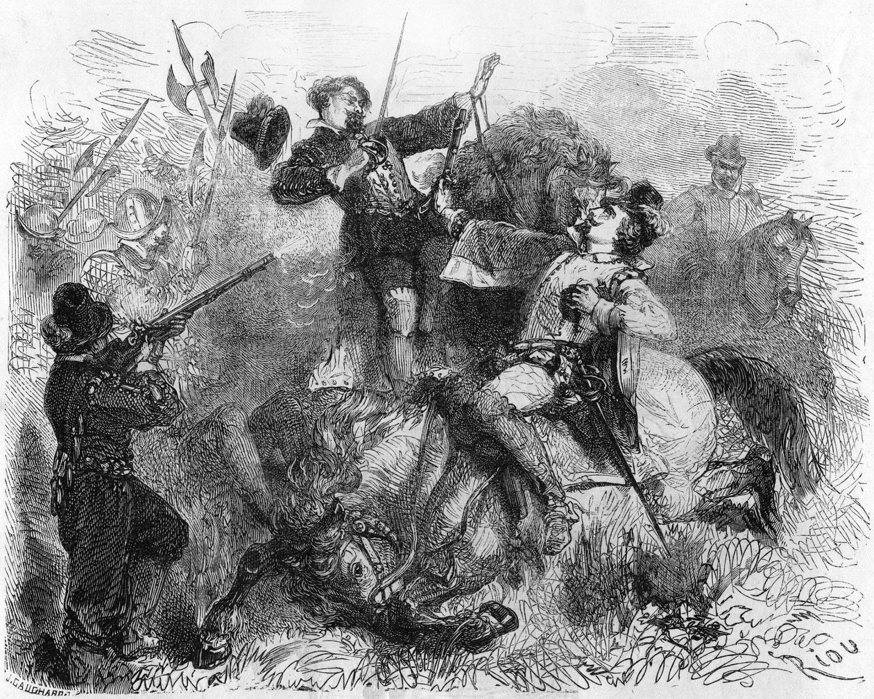La Renaudie, um cavalheiro de Limousin, lutando pela liberdade religiosa, morto em 16 de março de 1559 durante uma batalha. Em "Histoire Populaire de la France", sd. cerca de 1885. Gravura. de French School