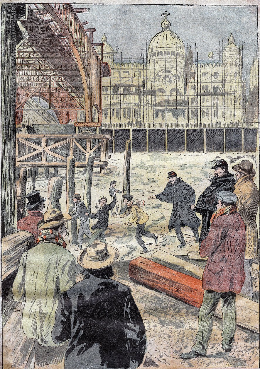 La Seine gelee, perto da ponte de ferro construída para a exposição universal, ao lado da Pont des Invalides, inverno de 1899. Gravura em "Le Pelerin" 31/12/1899. de French School