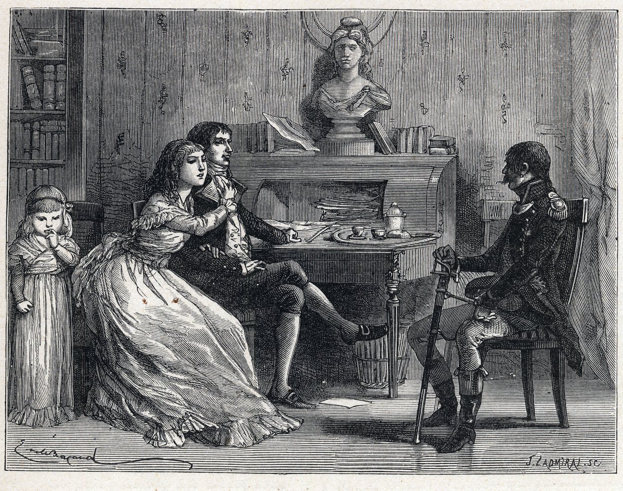 La Terreur durante a Revolução Francesa: Camille Desmoulins (1760-1794), preso, recebeu a visita de sua esposa Lucile (1770-1794) e do marechal Guillaume Brune (1763-1815). de French School