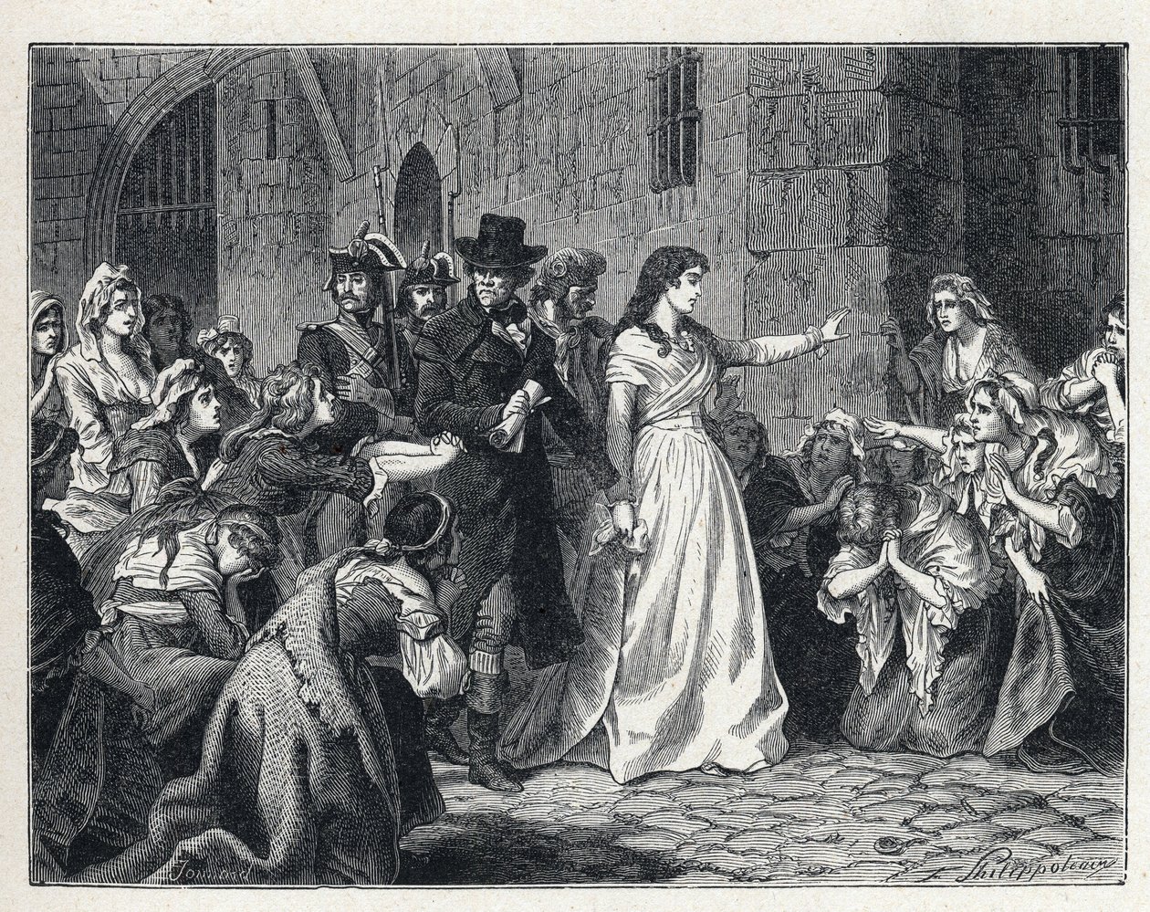 La Terreur durante a Revolução Francesa: Madame Jeanne Marie Roland de la Platiere (1754-1793) deixando a prisão do Concierge para ir perante o Tribunal Revolucionário em 1793. Os seus codetenues ajoelham-se no seu caminho. de French School