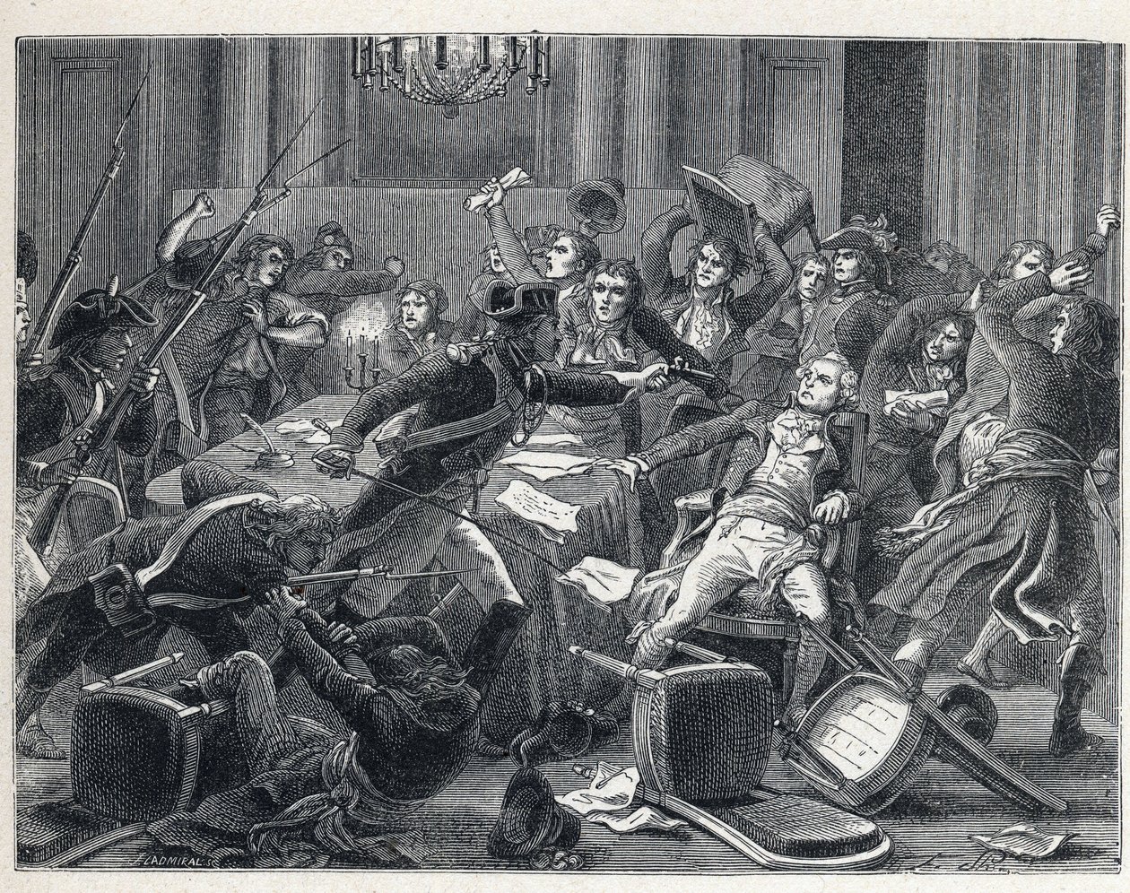 La Terreur durante a Revolução Francesa: prisão de Maximilian de Robespierre (1758-1794) e dos seus apoiantes reunidos no Hotel de Ville de Paris em 9 Thermidor ano II (27 de Julho de 1794). No centro, um gendarme disparou uma pistola contra Robespierre (1 de French School