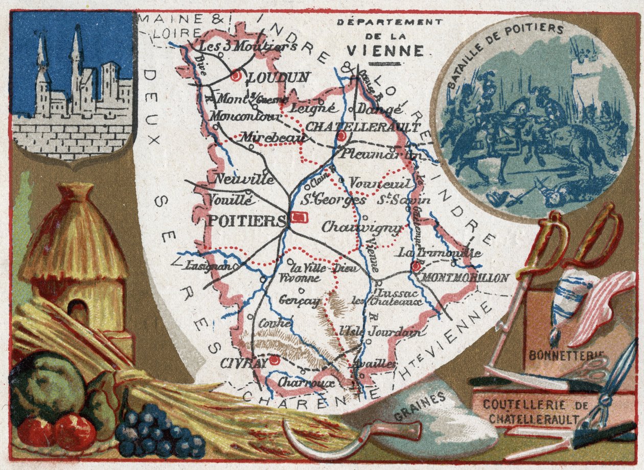 La Vienne (86), Poitou-Charentes (Poitou Charentes), França. Sementes, talheres Chatellerault e meias. Série sobre os Departamentos franceses. Chromolitografia (Chromo) "o fio geográfico", cerca de 1920. Colecção privada. de French School