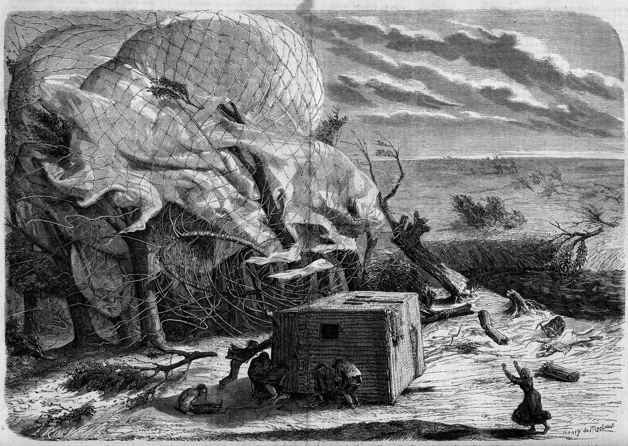 A queda do balão "Le Geant" nas planícies de Hanover em 1863 com a bordo: Jules e Louis Godard, Felix Nadar, sua esposa, Fernand Montgolfier e Thirion. Os aeronautas tentam resgatar a Sra. Nadar, apanhada debaixo do cesto. Gravação em "Le Monde Illus de French School