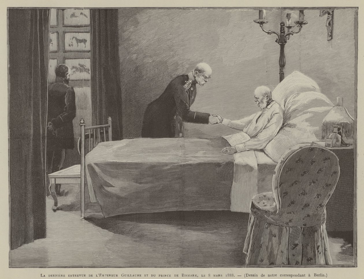 Último encontro entre o Kaiser Wilhelm e o Príncipe Bismark, 8 de março de 1888 (gravura) de French School