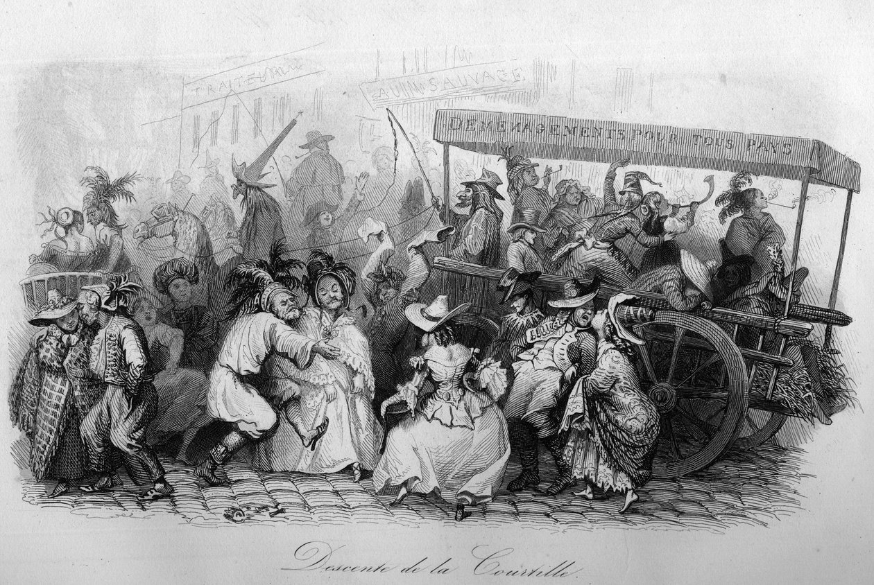 La descente de la courtille (Canção "Le carnaval" de Marc-Antoine Madeleine Desaugiers) em "- CHANS et CHANS POPULES DE LA FRANCE - 1843 - H.- L. DELLOYE, editora, LIBRAIRIE DE GARNIER. de French School