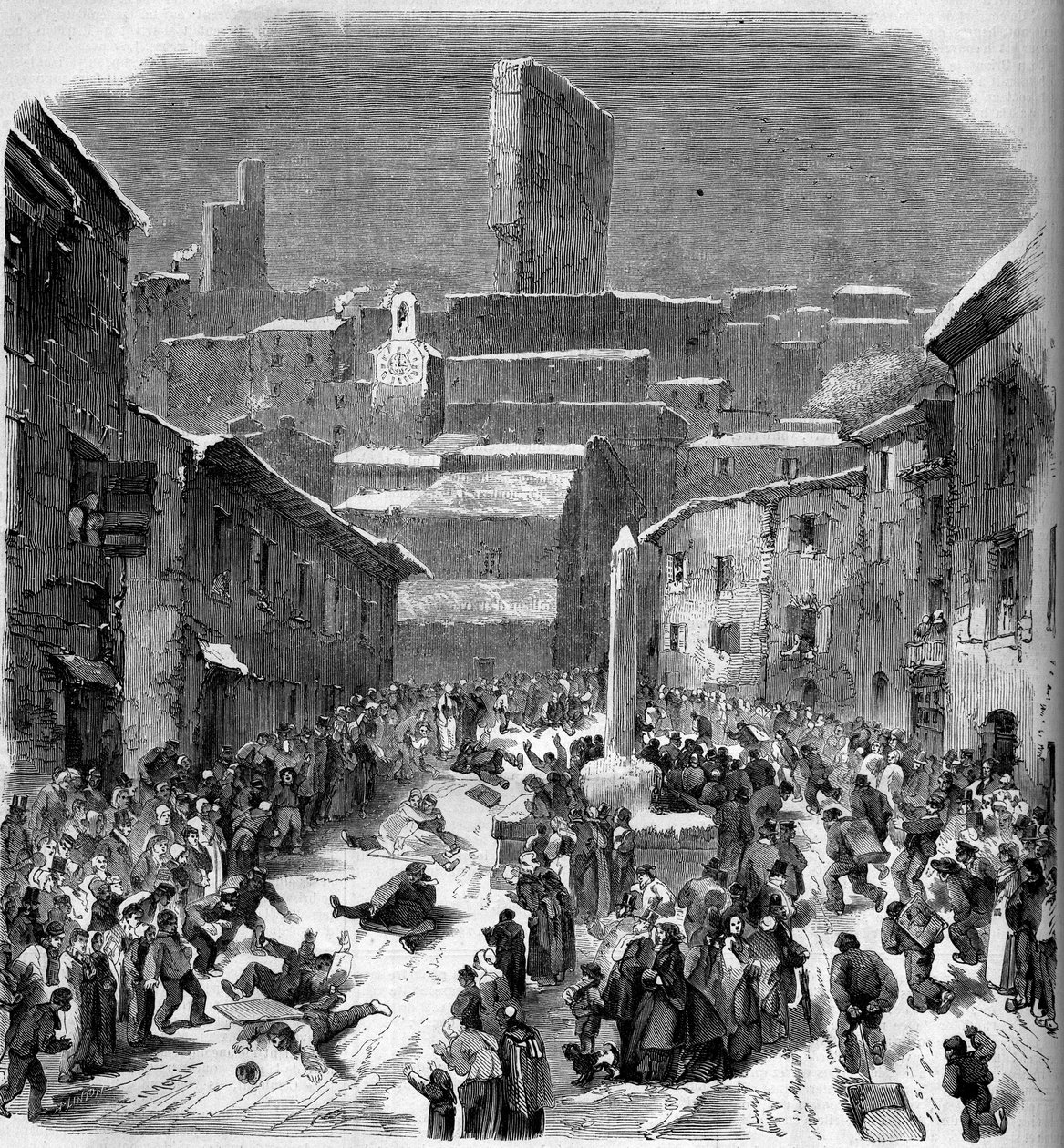 La glissade en barriots (trenó) à Bourdeaux, Drome (26), inverno 1860. Gravura em "Le Monde Illustré" n°149 de 18 de Fevereiro de 1860. de French School