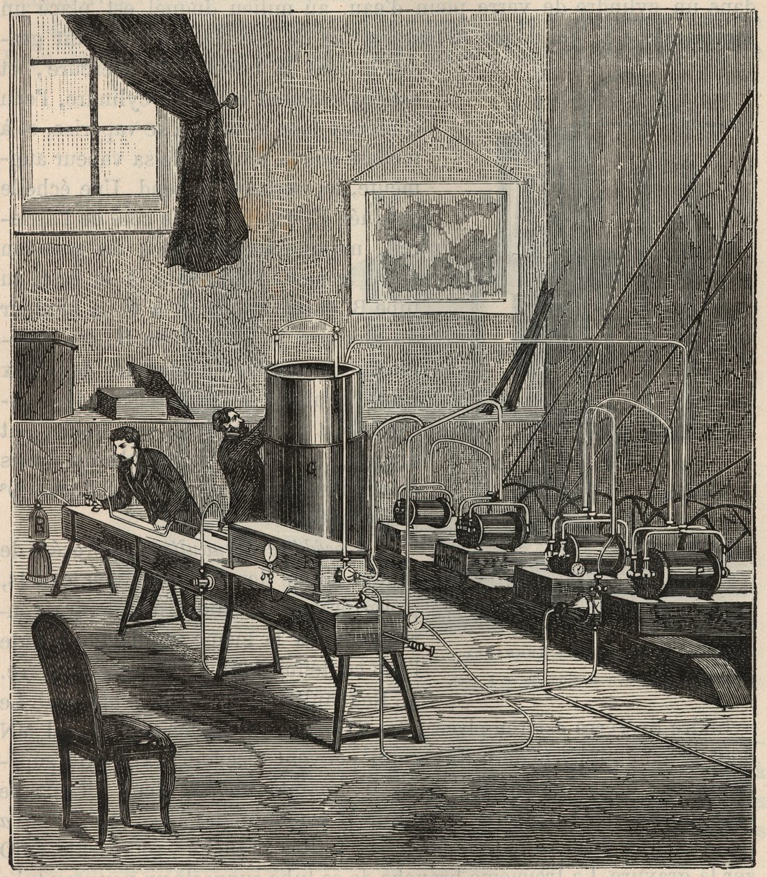 La liquefaction des gaz dans le laboratoire de Raoul Pictet (1878) - Raoul Pierre Pictet (1846-1929) físico suíço, realiza uma experiência para liquefazer e solidificar o gás hidrogênio, e estuda as propriedades das substâncias a baixas temperaturas - Grav de French School