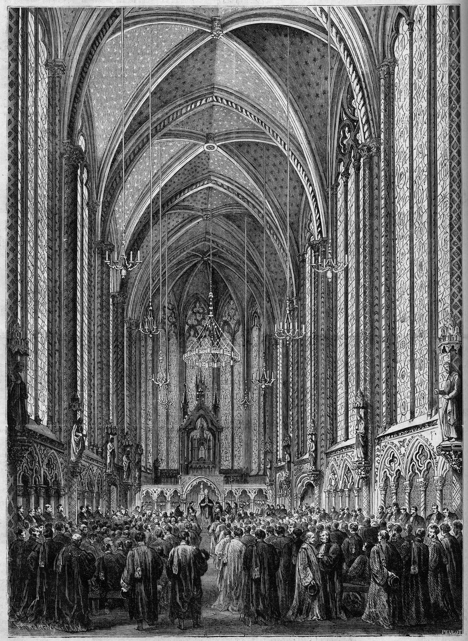 A missa do Espírito Santo, celebrada na Sainte Chapelle de Paris, por ocasião do retorno da magistratura, 3 de novembro de 1863. Gravura em "Le Monde Illustre" n°343 de 7 de Novembro de 1863. de French School