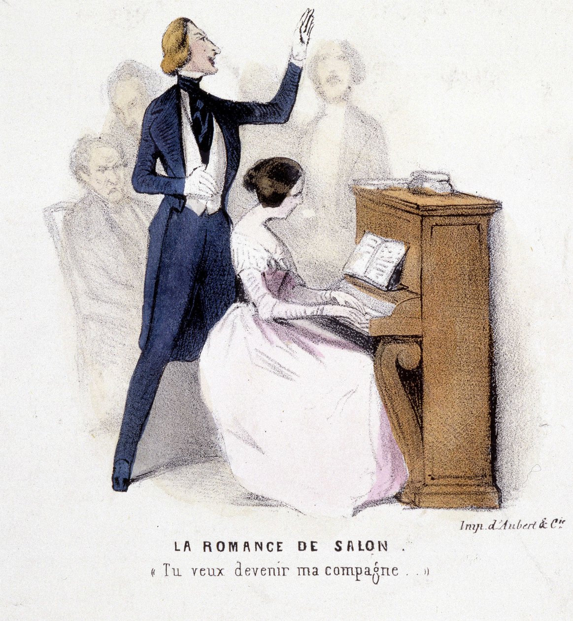 La romance de salon: homem cantando acompanhado ao piano por uma mulher, por Lonsay, c. 1845. de French School