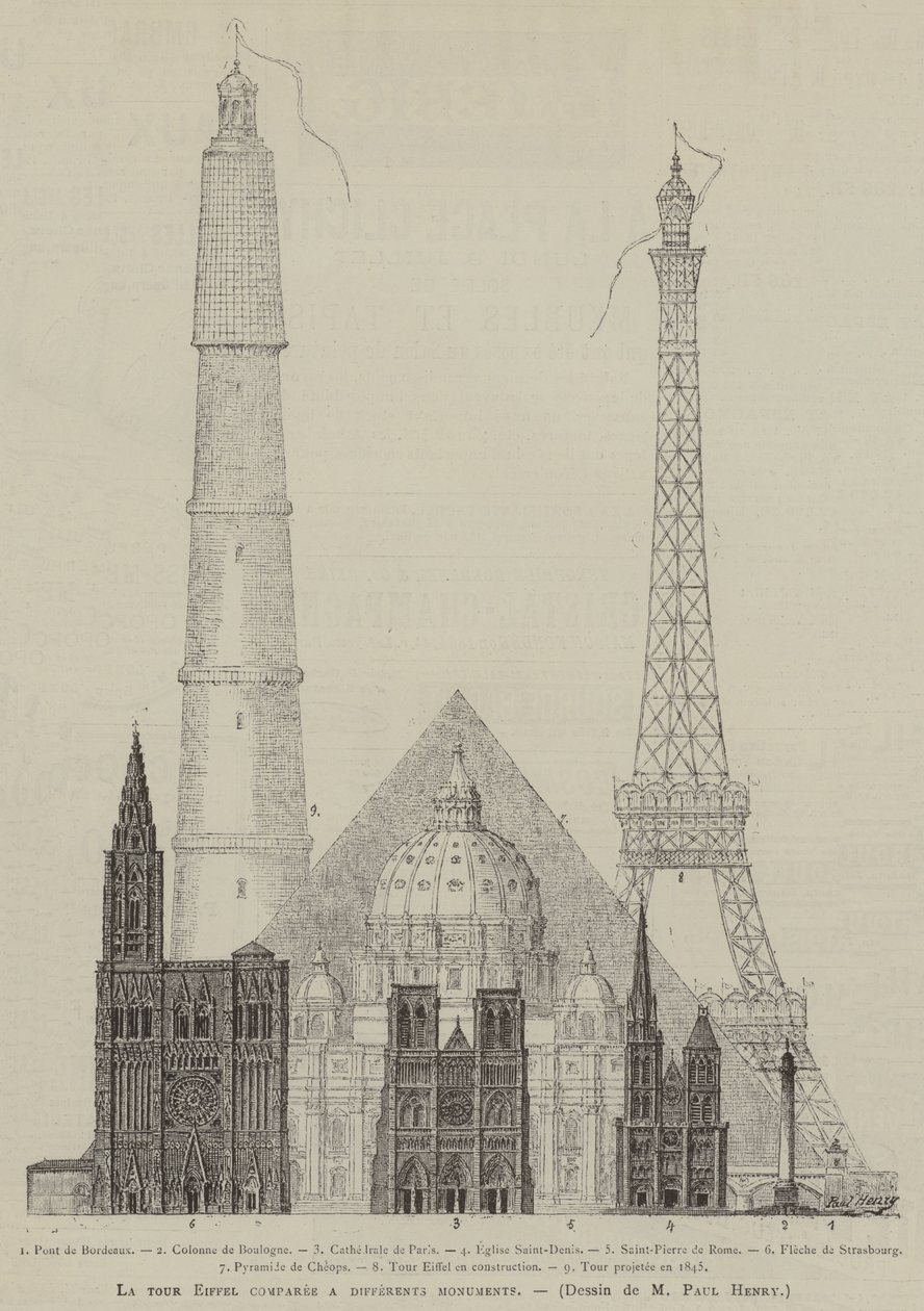 A Torre Eiffel comparada com diferentes monumentos (gravura) de French School