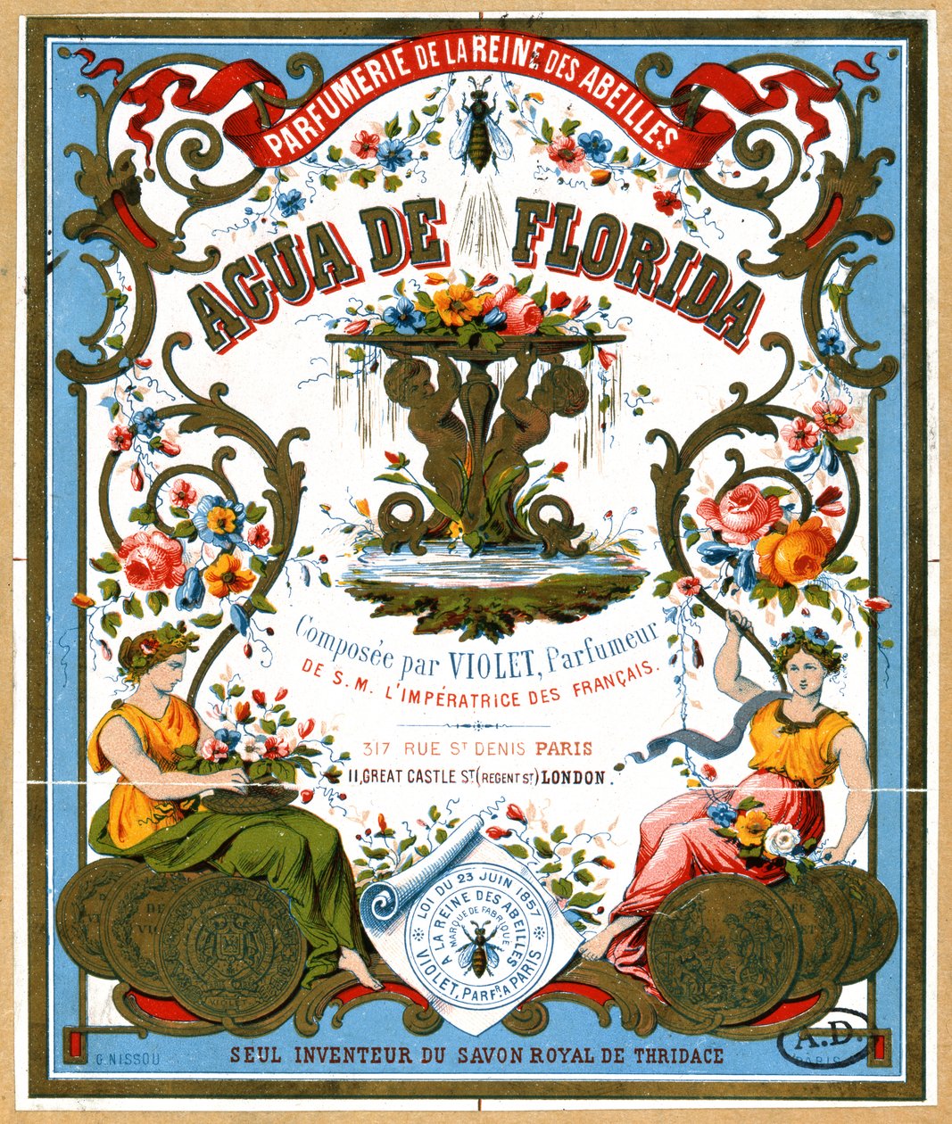 Rótulo de publicidade Aqua de Florida perfume da loja de perfume La Reine des Abeilles, Paris, 2º semestre do século XIX de French School