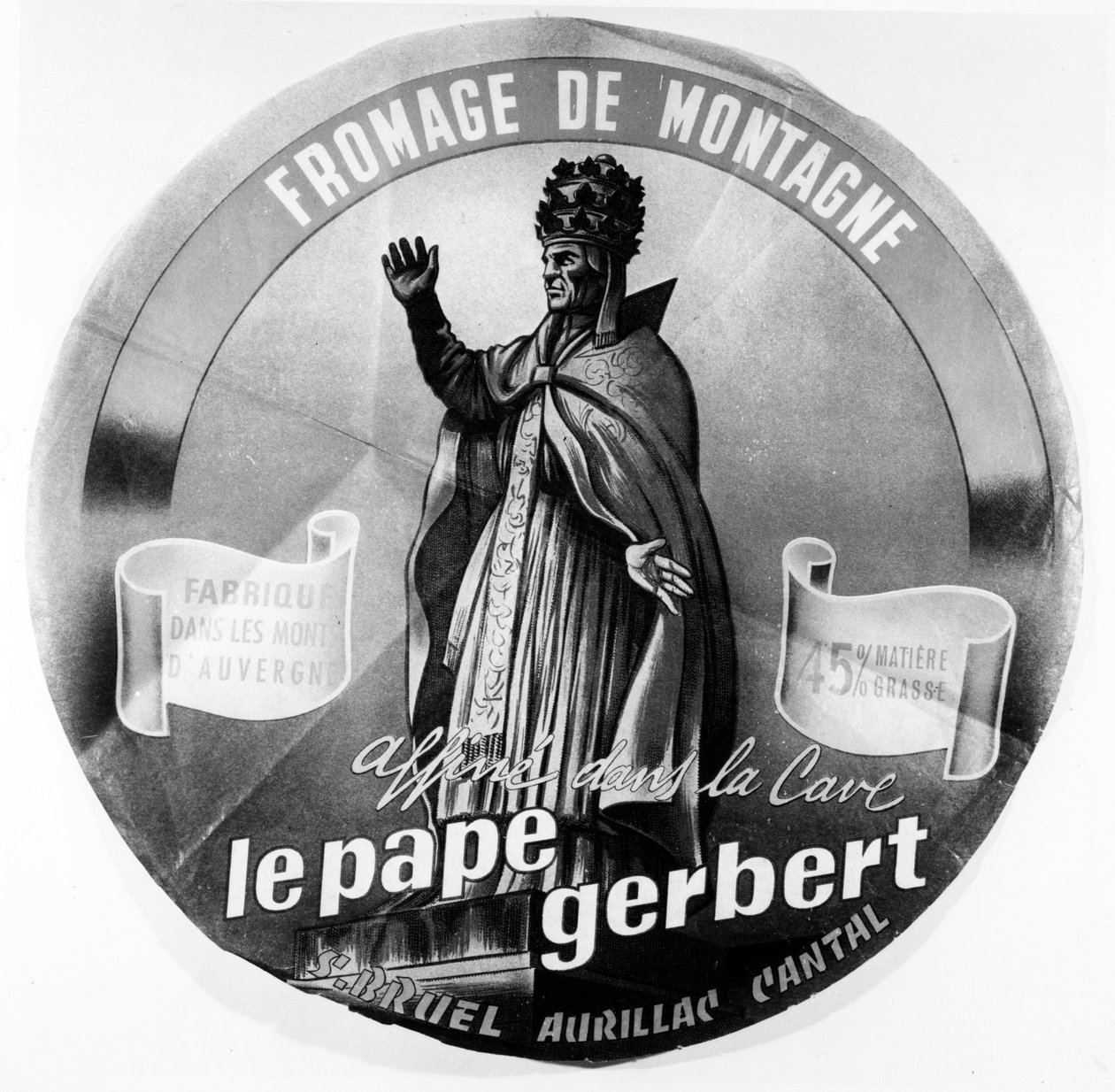 Rótulo representando o Auvergnat Pope Sylvester II para um queijo de montanha da região de Auvergne, na França de French School