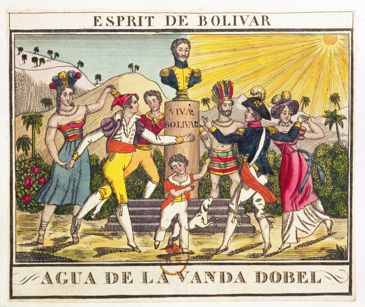 Rótulo para água de lavanda evocando o espírito de Bolívar, c.1830 (gravura a cores) de French School