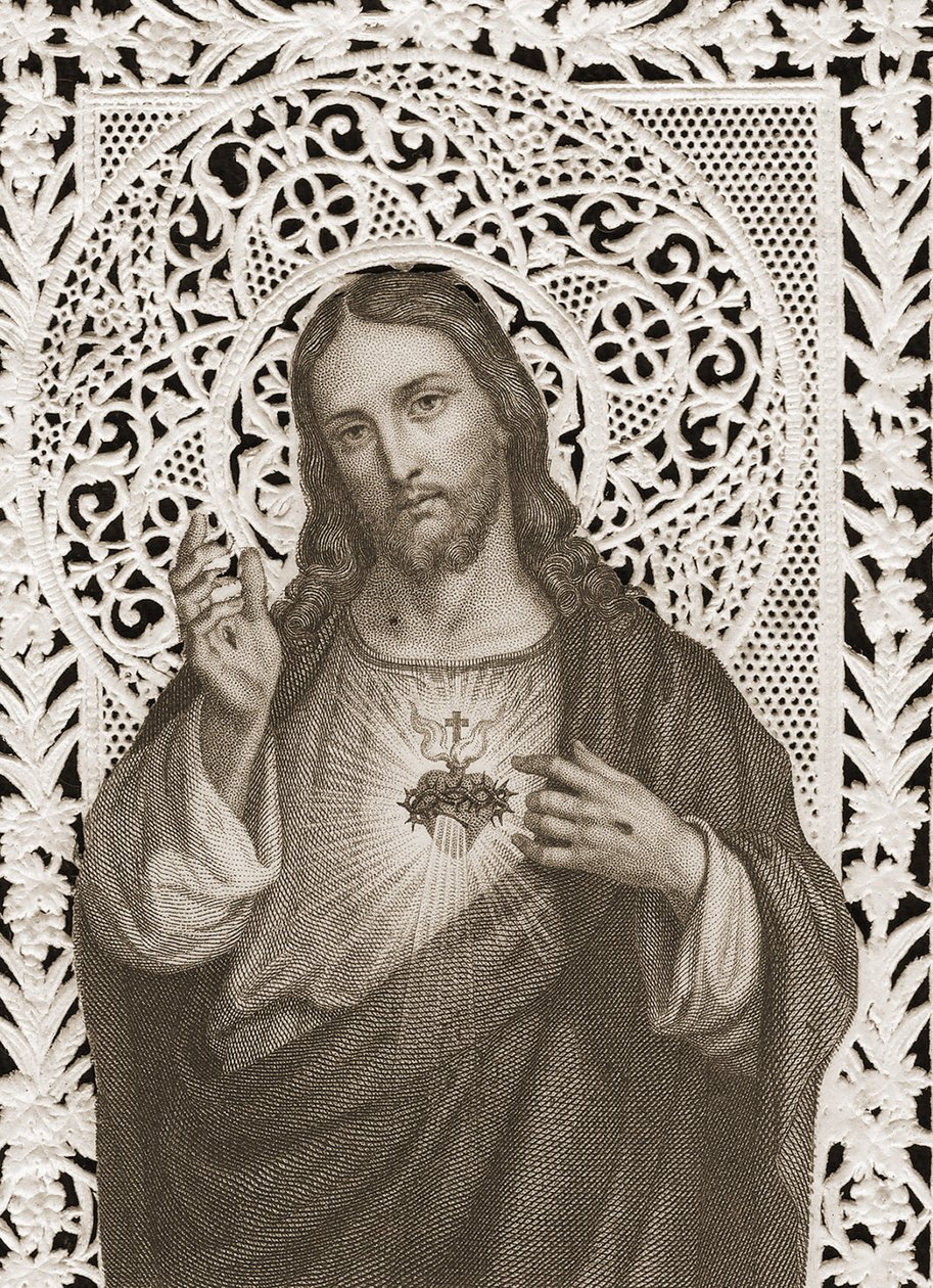 Cartão de renda representando o sagrado coração de Jesus, século XIX (bw litho) de French School