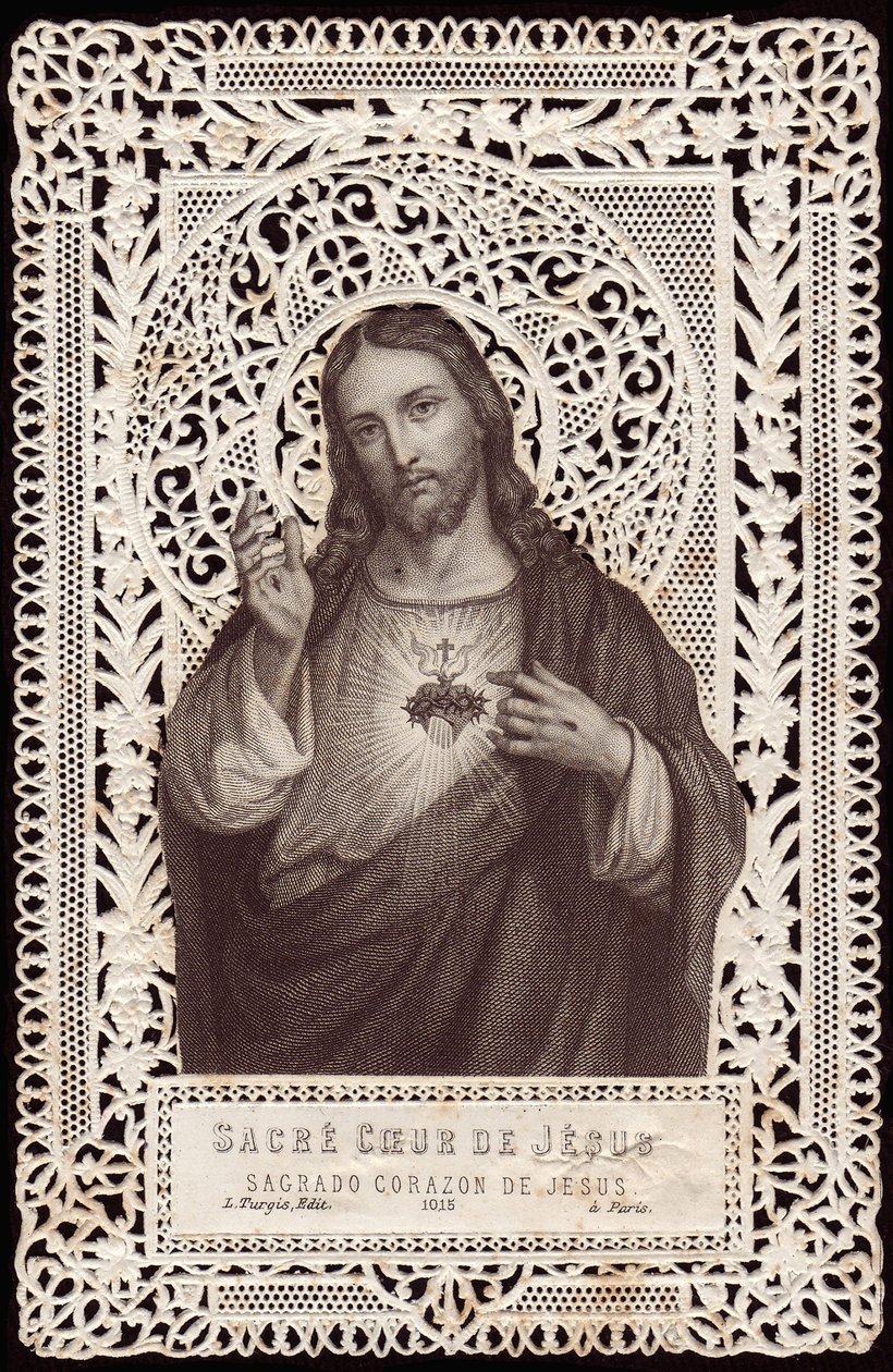 Cartão de renda representando o sagrado coração de Jesus, século XIX (bw litho) de French School