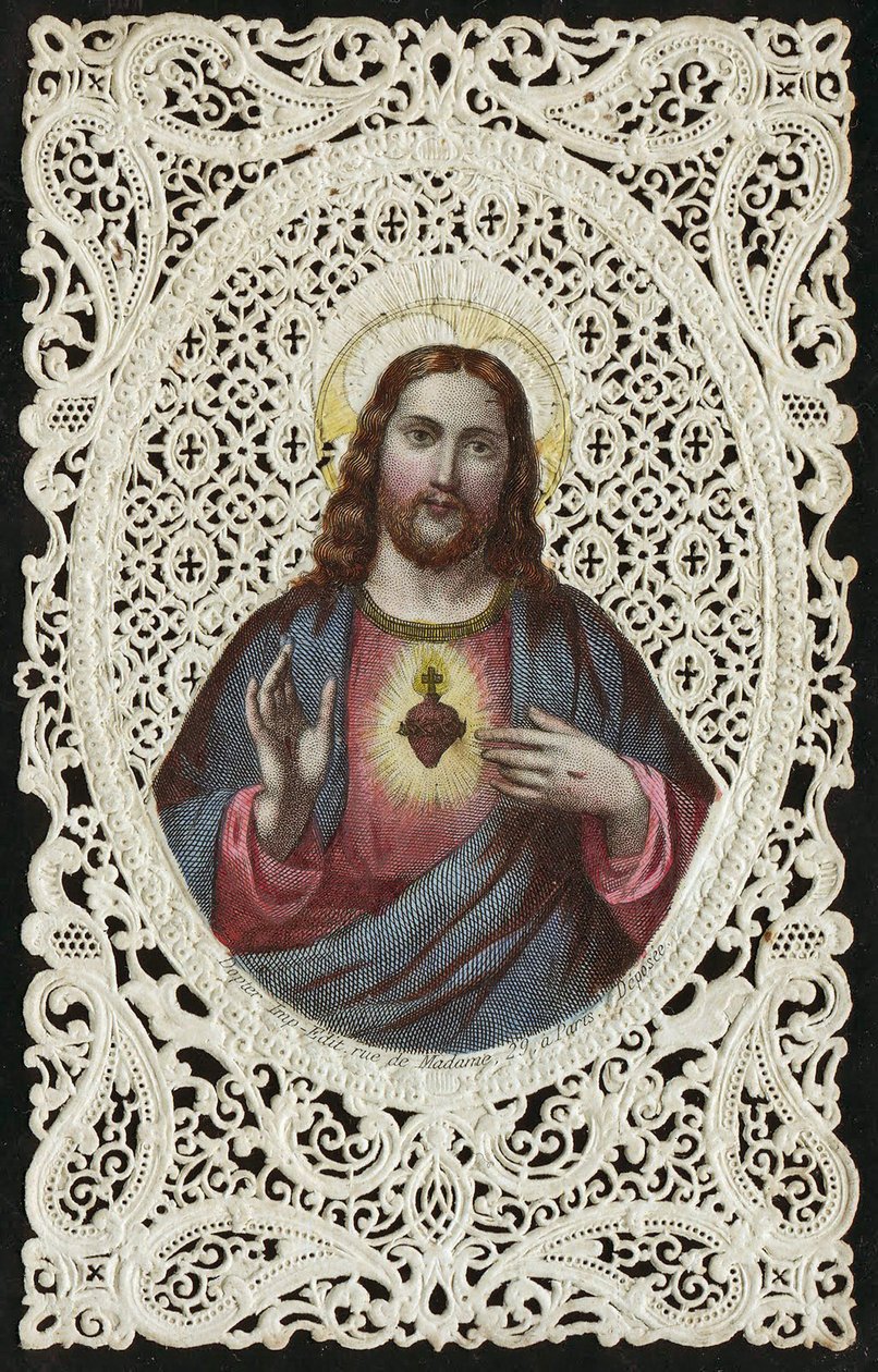 Cartão de renda retratando o sagrado coração de Jesus, século XIX de French School