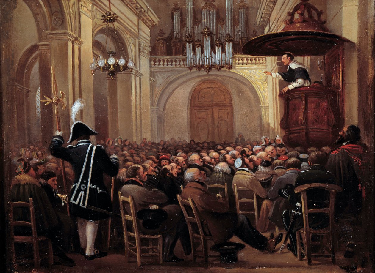 Lacordaire (Henri Lacordaire (1802-1861), religioso da Ordem Dominicana) pregando careme na catedral de Nancy. Pintura anônima de French School