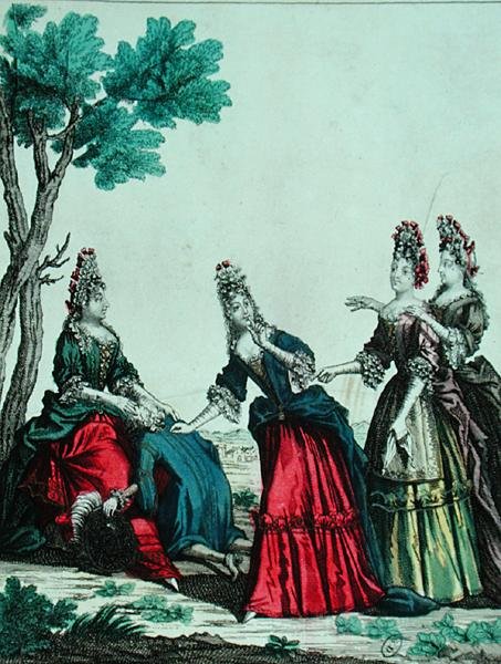 Senhoras jogando jogo de adivinhação com um cavalheiro, segunda metade do século XVII (gravura a cores) de French School