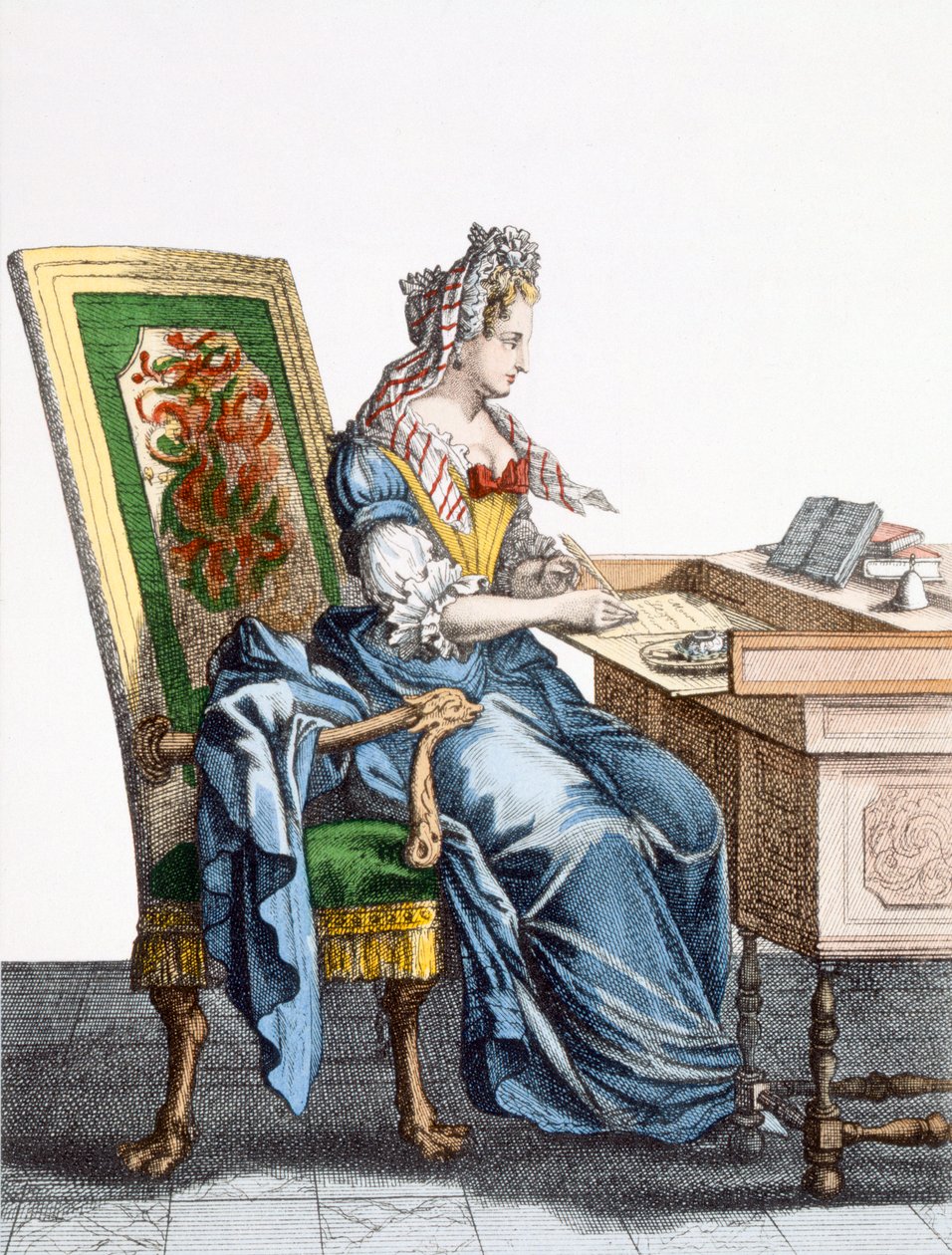 Lady at Writing Desk 88: Uma mulher paga contas em sua escrivaninha; de French School