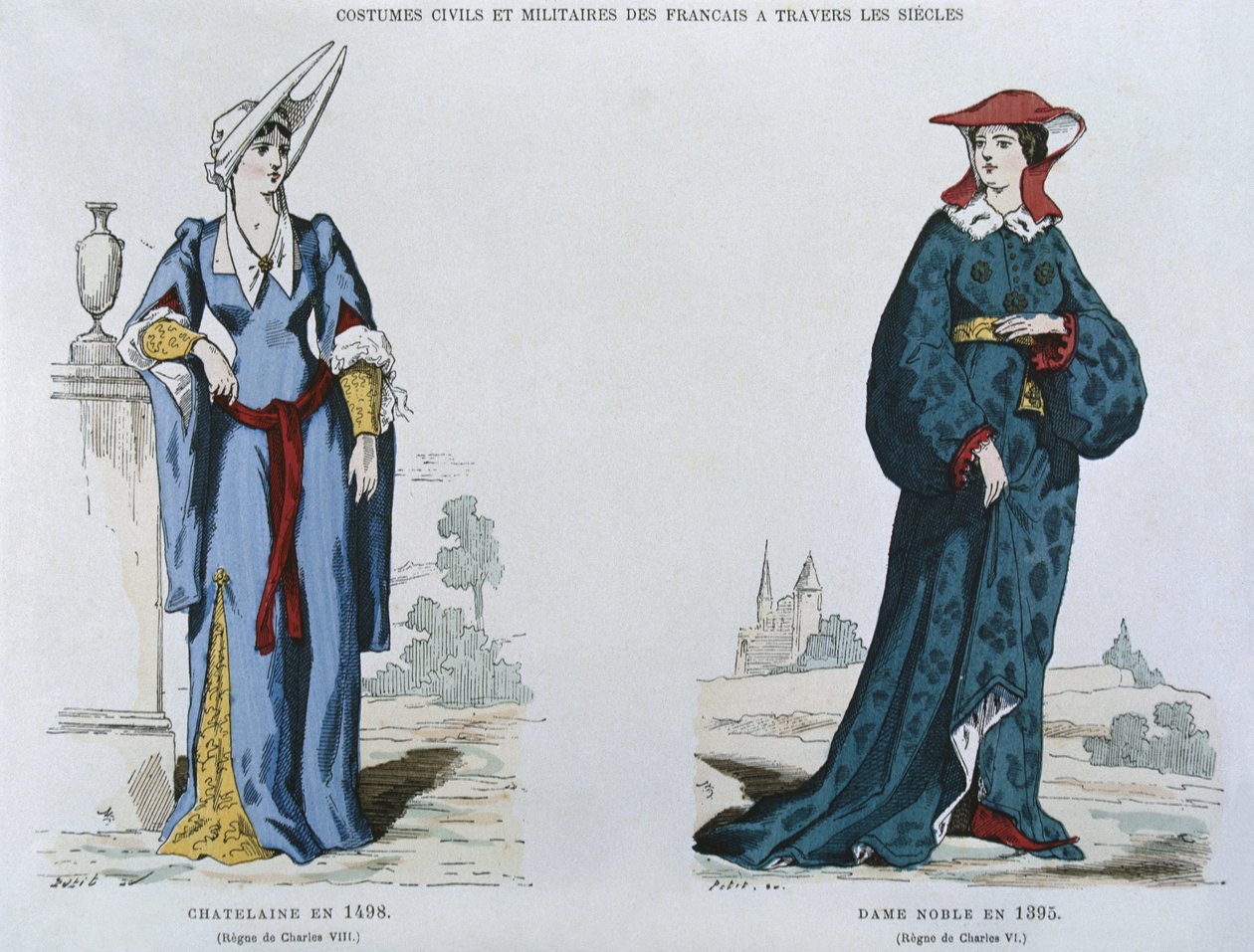 Senhora em 1498 sob o reinado de Carlos VIII (1470-98), nobre em 1395 sob o reinado de Carlos VI (1380-1422), de trajes civis e militares dos franceses através dos séculos (cor lith de French School
