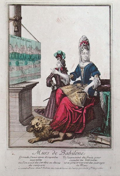 Senhora mostrando uma foto de Semiramis e os Jardins Enforcados da Babilônia (cor litho) de French School