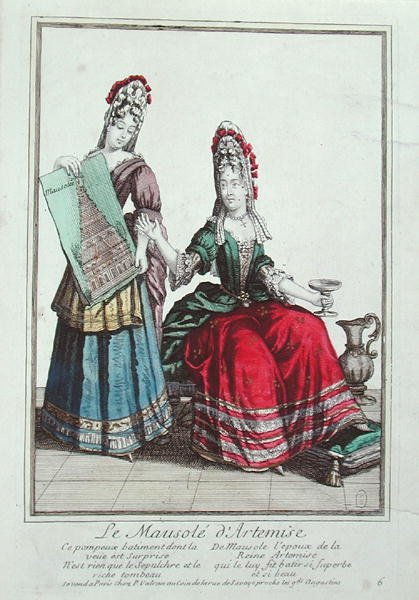 Senhora mostrando uma foto do Mausoléu de Halicarnassus (litografia colorida) de French School