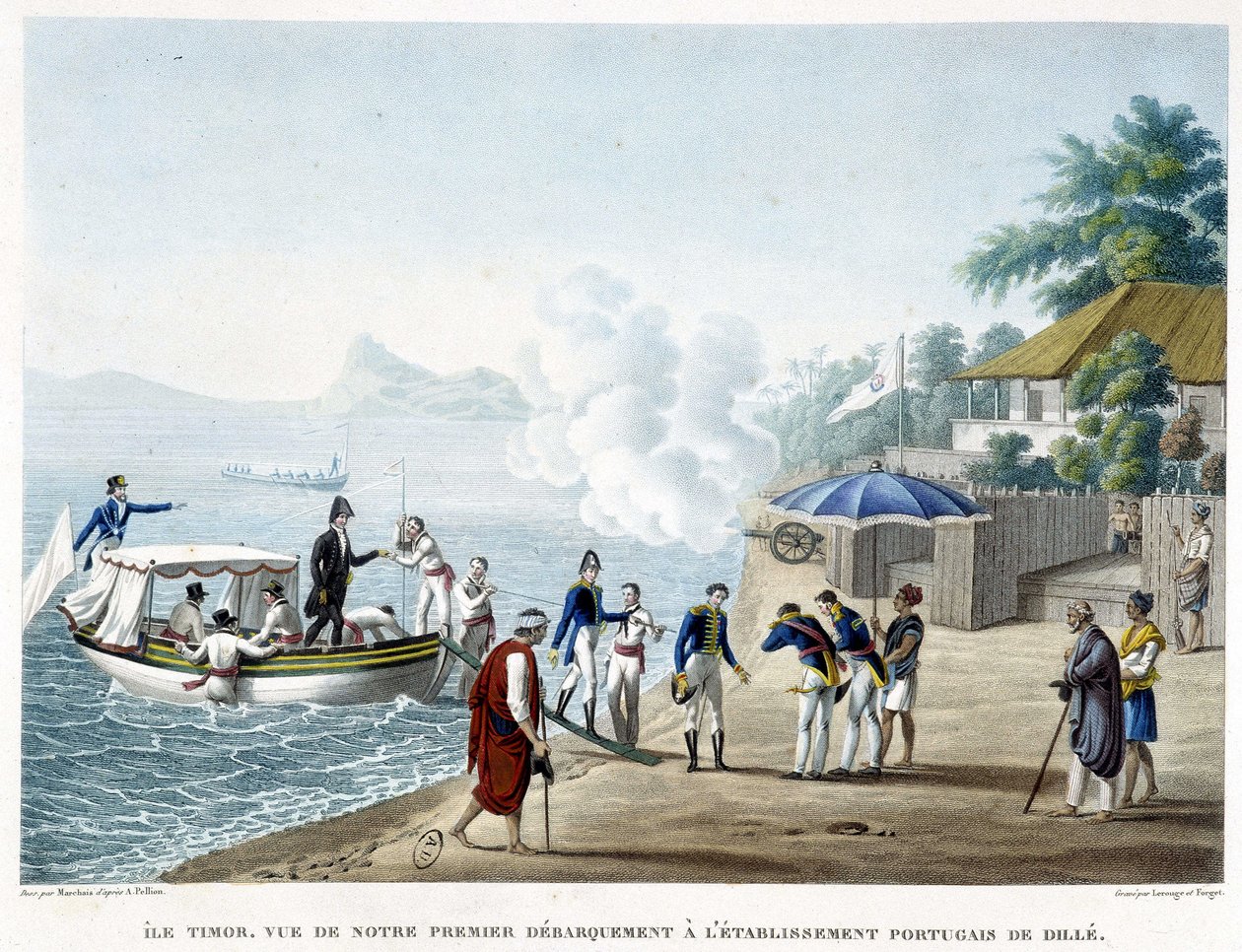 Aterragem na povoação portuguesa de Dillé, ilha de Timor. de French School