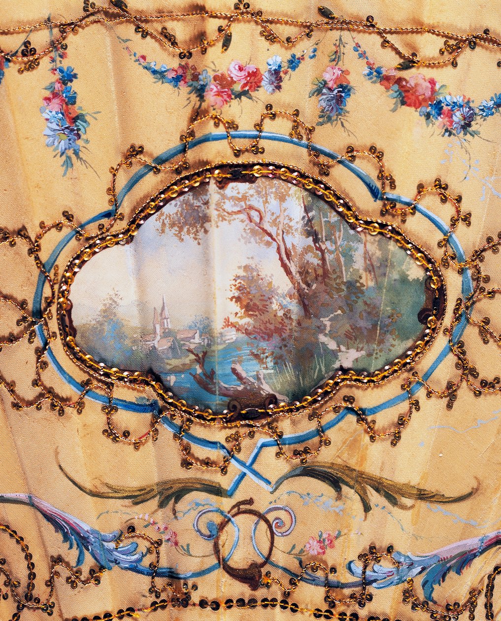 Paisagem, detalhe do ventilador de mão retratando Descanso durante a caça, seda pintada e osso, criado por Felix Alexandre, Paris, ca 1870, França de French School