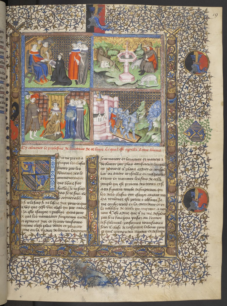 Lansdowne 1178 f. 19 Miniaturas incluindo detalhes de cavaleiros em capacetes com viseiras numa ponte levadiça defendendo uma cidade de atacar cavaleiros com lanças, c.1415-20 (vellum) de French School