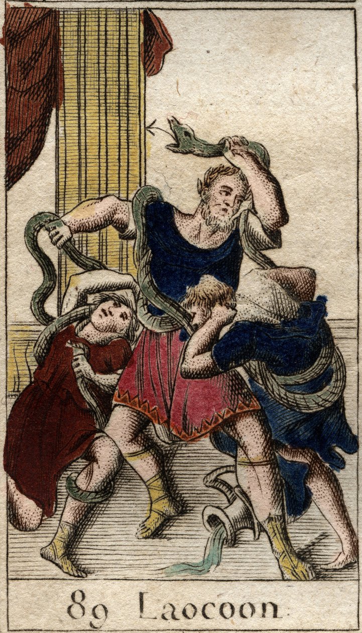 Laocoon Minerva apoia os gregos e envia as cobras marinhas para atacar Laocoon que adverte os habitantes da cidade de Tróia contra o cavalo. Cobras se atiraram contra seus dois filhos e os moveram, depois atacaram Laokoon. (Minerva apoiando os gregos envio de French School