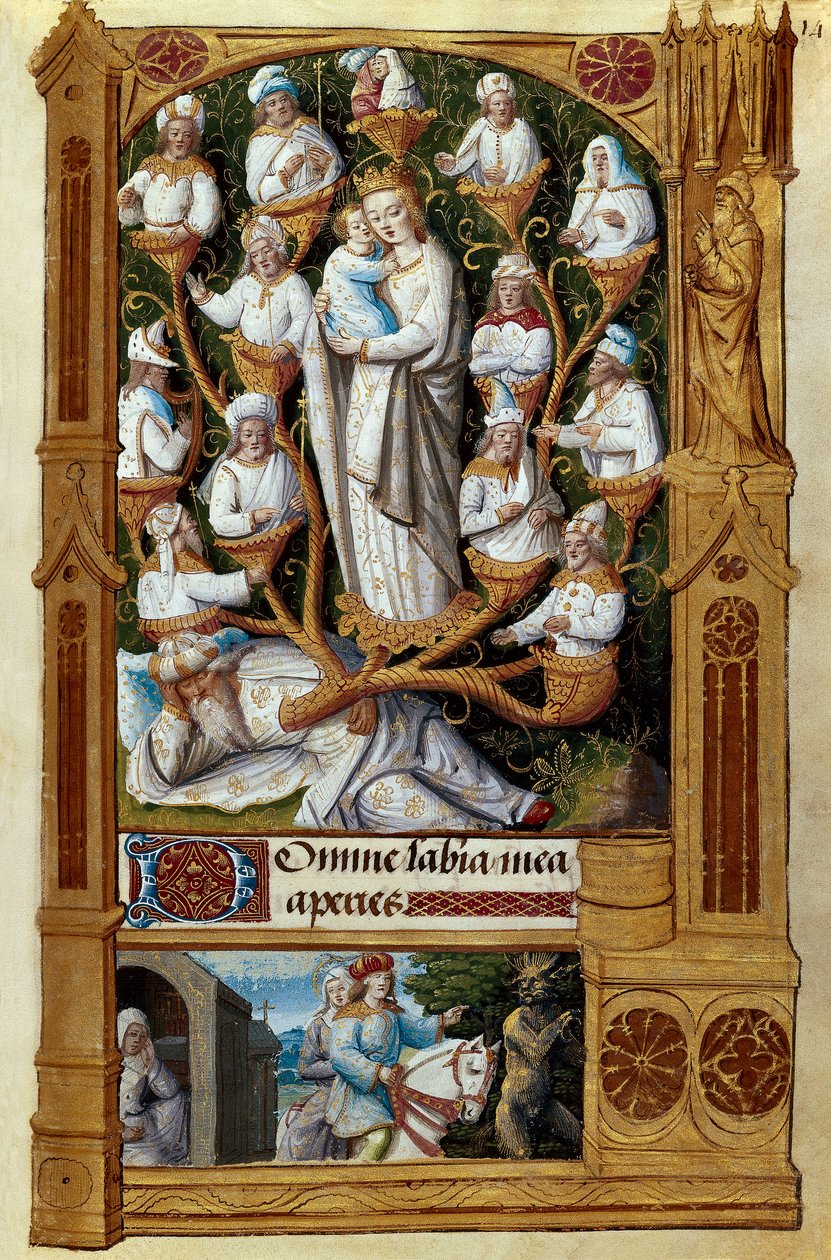 "A árvore de Jesse" Jesse, pai de David, jaz por baixo, acima dos seus descendentes. Miniatura da escola francesa do século XV. Madrid, Biblioteca Nacional de French School