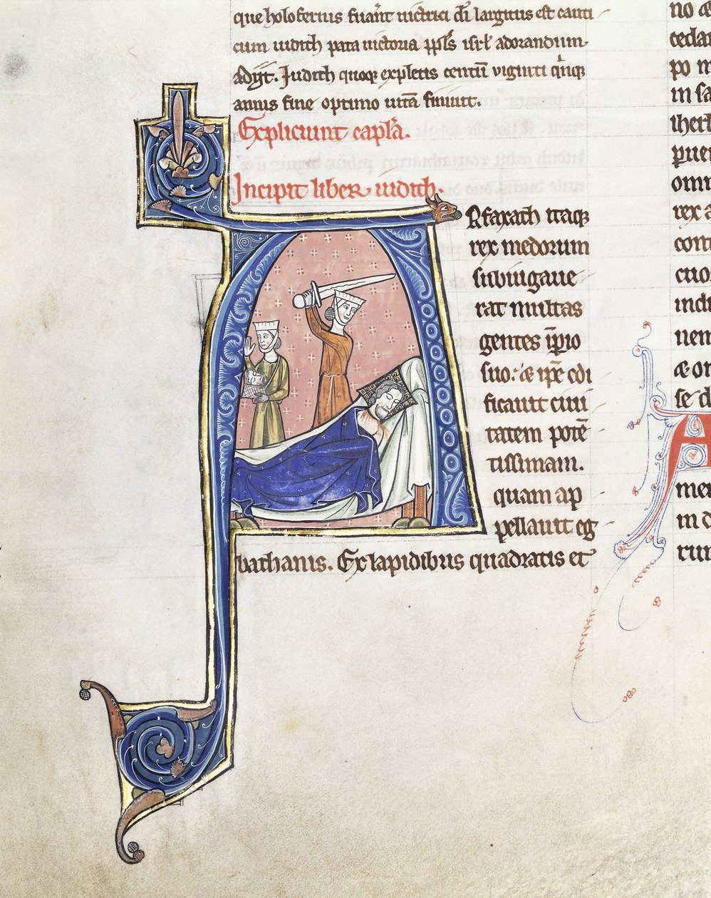 Grande inicial historiada &39;A&39;, mostrando Judith com espada erguida acima de Holofernes adormecido, c.1200-1225 (tintas marrom, vermelho, branco e azul sobre fundo rosa (velino) com gol) de French School