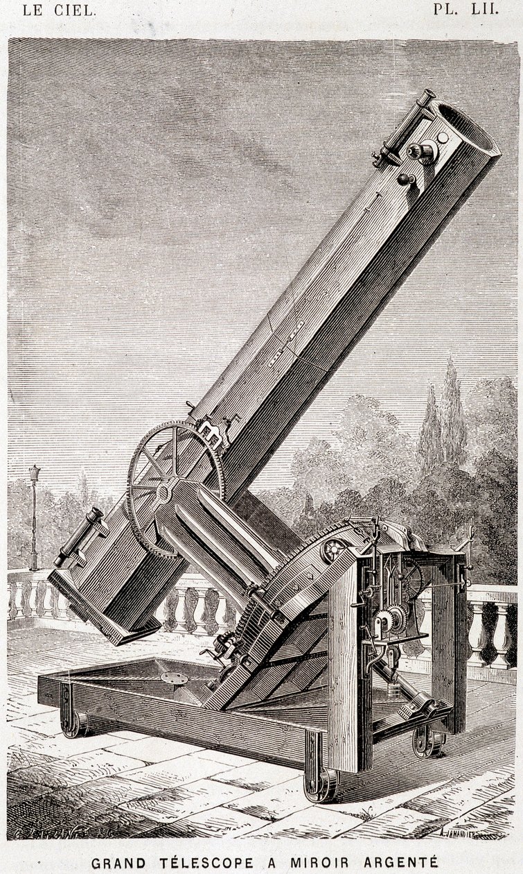 Grande telescópio espelho de prata (sistema Léon Foucault), montado equatorialmente para o Observatório de Marselha - in "Le Ciel" de Amédée Guillemin, Hachette, Paris de French School