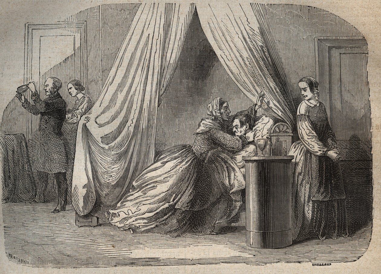 Últimos momentos de Charles Lafarge (1811-1840), marido de Marie Fortunee Capelle, Marie Lafarge (Madame) (1816-1852) Criminoso francês - Gravação em "Causes celebres de tous les peuples" de Armand Fouquier (1817-18?) 1858-1867 - coleção particular de French School