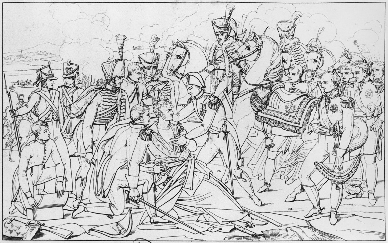 Últimos momentos do Marechal Lannes, Duque de Montebello, na batalha de Essling em 22 de maio de 1809, depois de uma pintura de Albert Paul Bourgeois, Salon de 1810 de French School