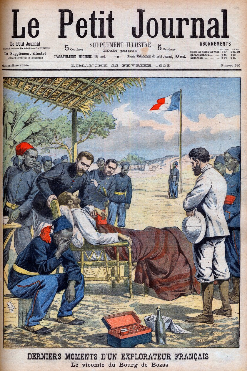 Últimos momentos de um explorador francês Visconde Pierre Marie Robert Du Bourg de Bozas (1871-1903) no Bourg de Boza na África tropical "Le Petit Journal" 22 de fevereiro de French School