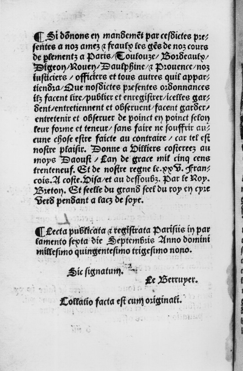 Última página da Portaria de Villers-Cotterets, 1539 (impresso) de French School