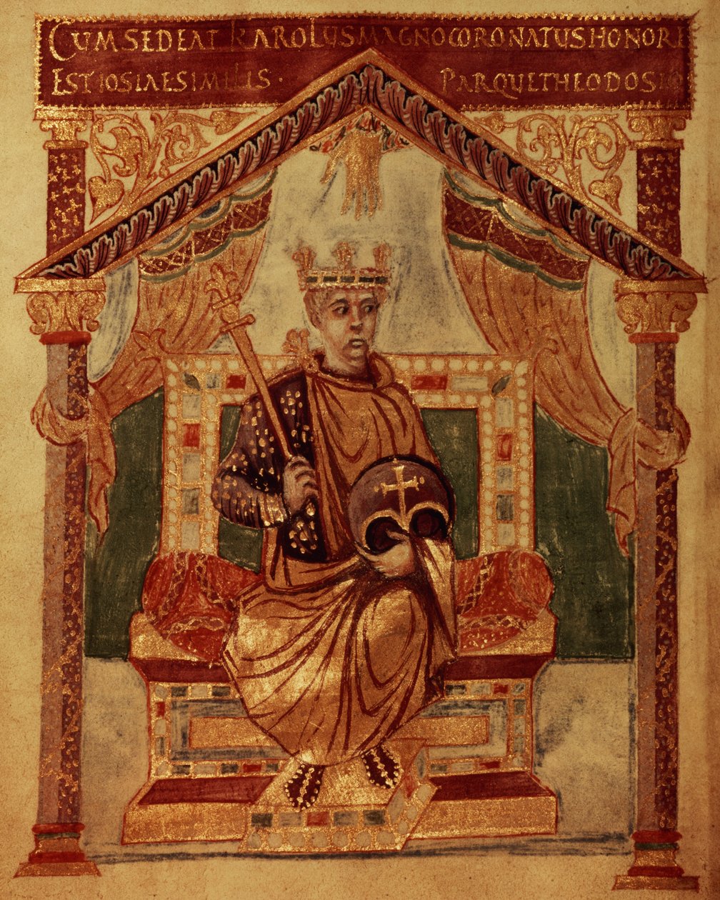 Lat 1152 f.3v Carlos Magno (Carolus Magnus, Carlos Magno) (747-814) Rei dos Francos e Imperador Cristão do Oeste, do Saltério de Carlos, o Ousado de French School