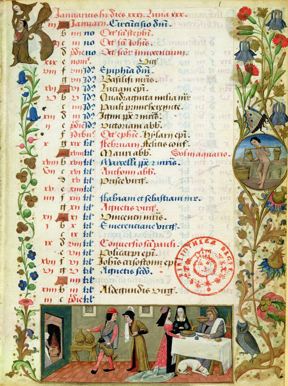 1173 f.1 de janeiro; figuras comendo e bebendo, por Robinet Testard, das Horas de Carlos de Angoulême de French School